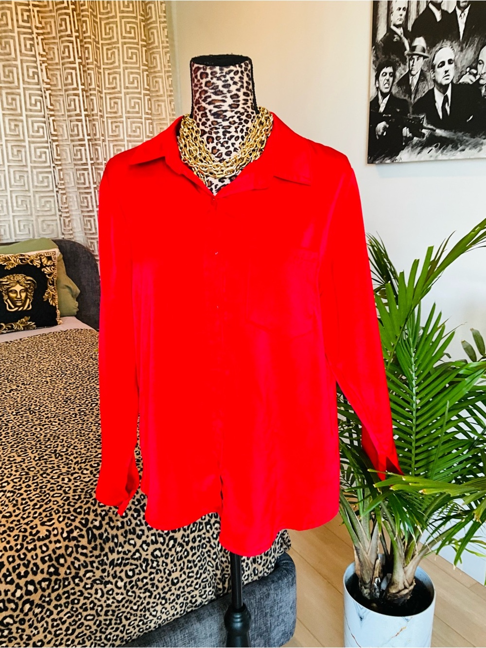 Red Button-Up Blouse - Classic Collared Top - Picture 2 of 8